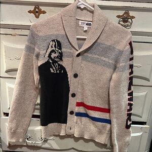 GAP Star Wars Shawl Collar Button Sweater - Beige with Black & Red Accents